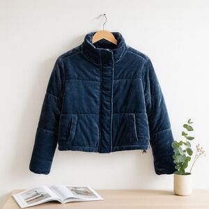 JouJou Blue Velvet Puffer Jacket Womens‎ M Quilted Winter Coat